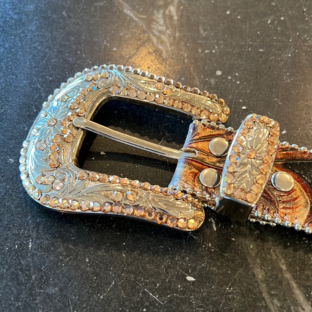 B.B. Simon belt black, brown, tan leather with tan crystals.